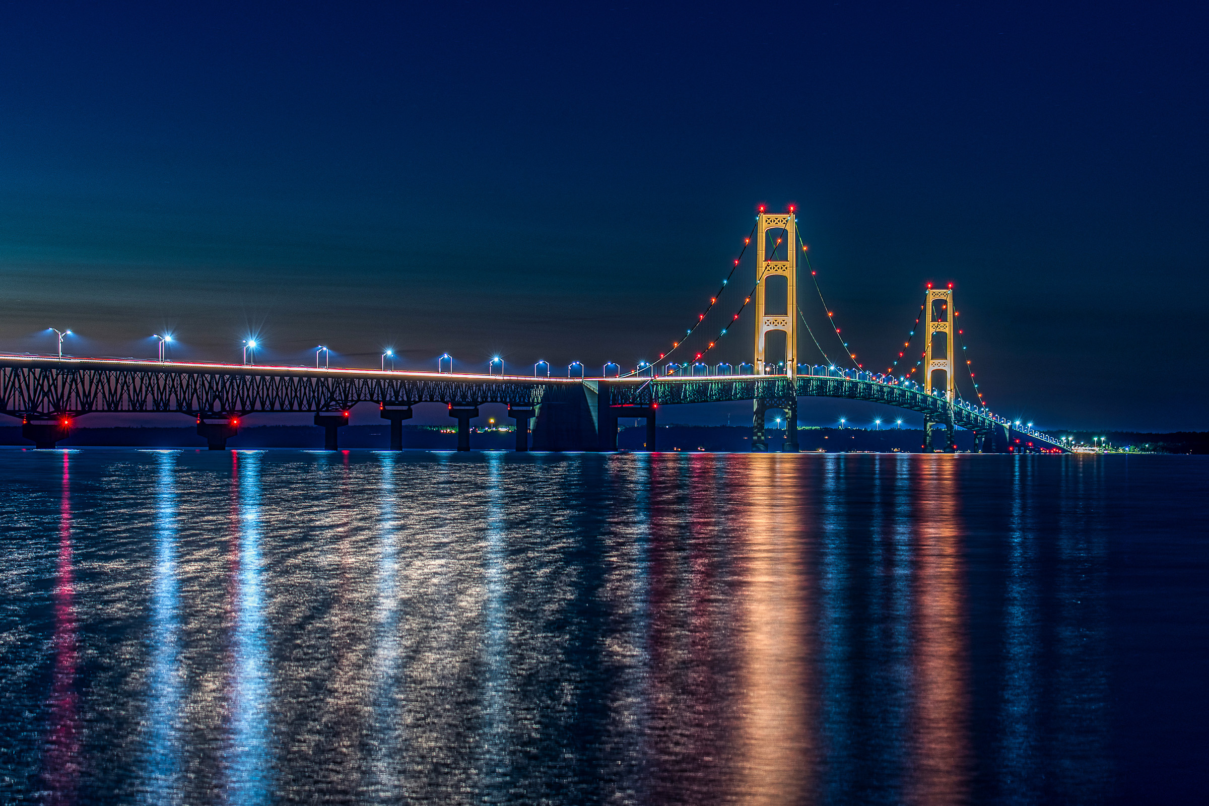 Mackinac Bridge illuminated at night